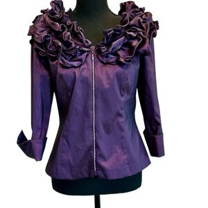 Joseph Ribkoff eggplant purple satin ruffle collar blouse rhinestone zip front 8